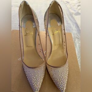 NEW Christian Louboutin Beige Mesh and Silver Pumps